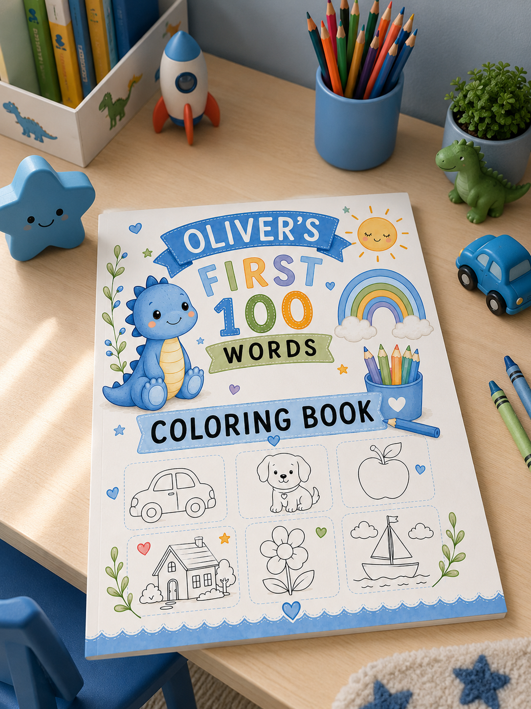 Personalised Boys First 100 Words Learning Dinosaur Coloring Book Printable PDF Toddler Educational Keepsake.