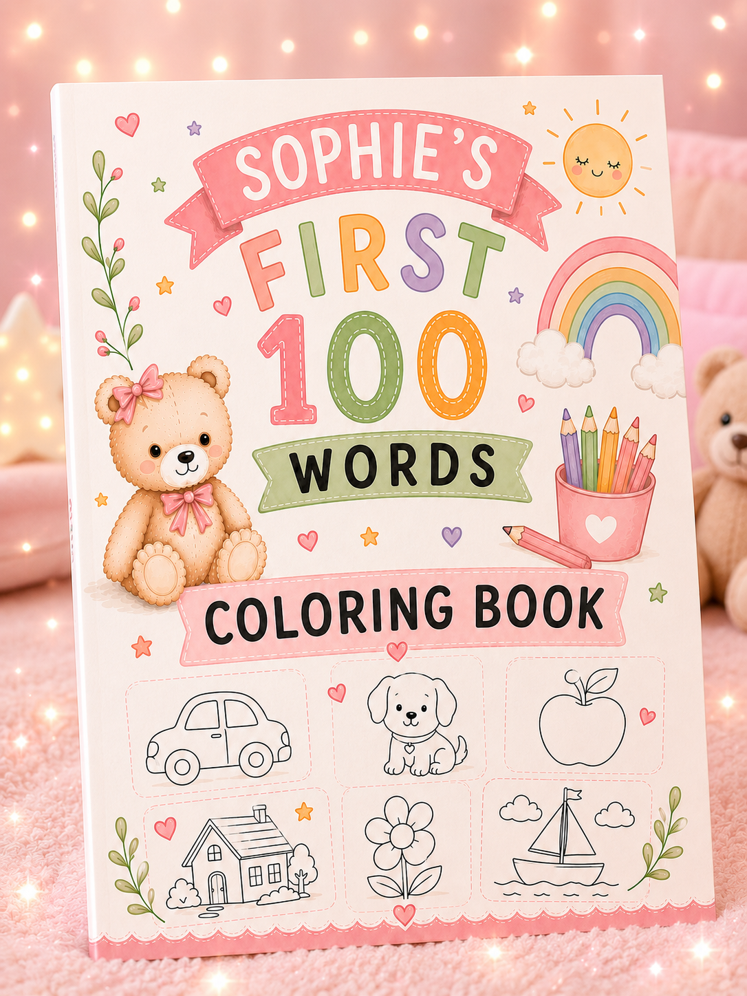 Personalised Girls First 100 Words  Teddy Coloring Book Printable.