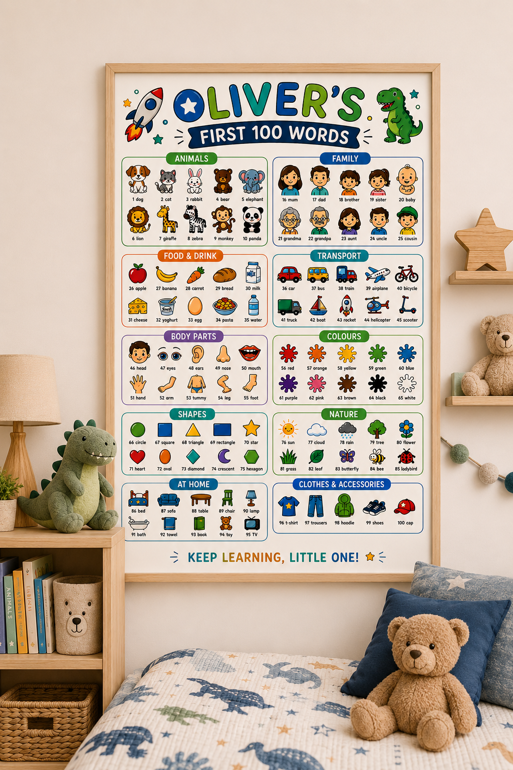 Personalised Boy's First 100 Words Rolled Poster | Kids Educational Wall Chart.
