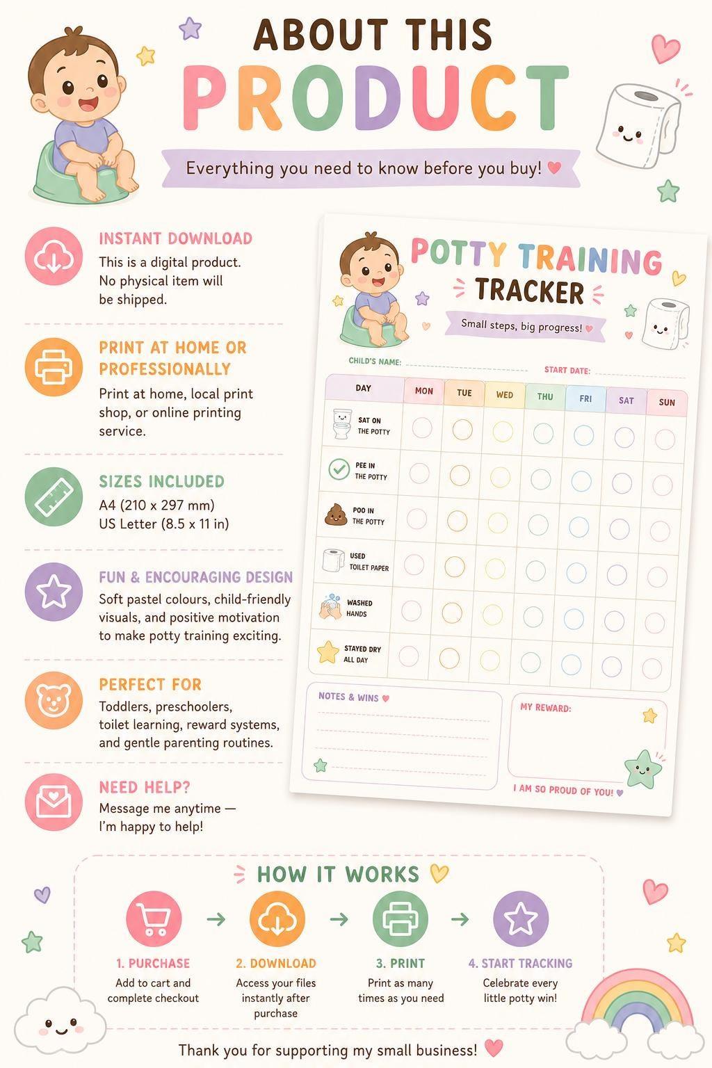 Montessori Potty Training Printable Toilet Chart Toddler Reward Tracker Gender-Neutral Colourful Routine PDF.