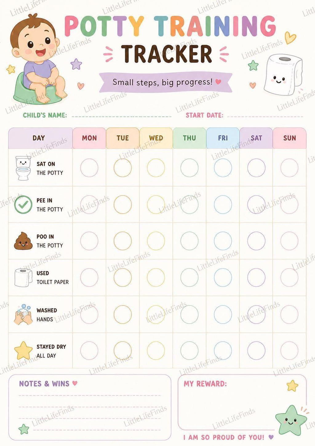 Montessori Potty Training Printable Toilet Chart Toddler Reward Tracker Gender-Neutral Colourful Routine PDF.