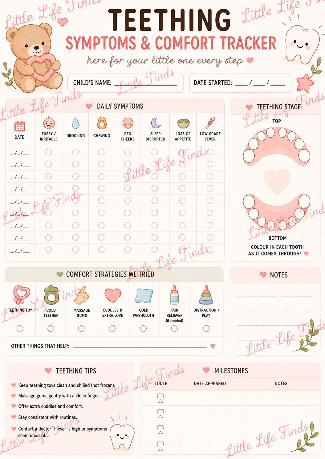 Baby Teething Symptoms Tracker Visual Daily Log Printable.