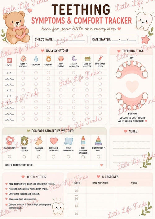 Baby Teething Symptoms Tracker Visual Daily Log Printable.