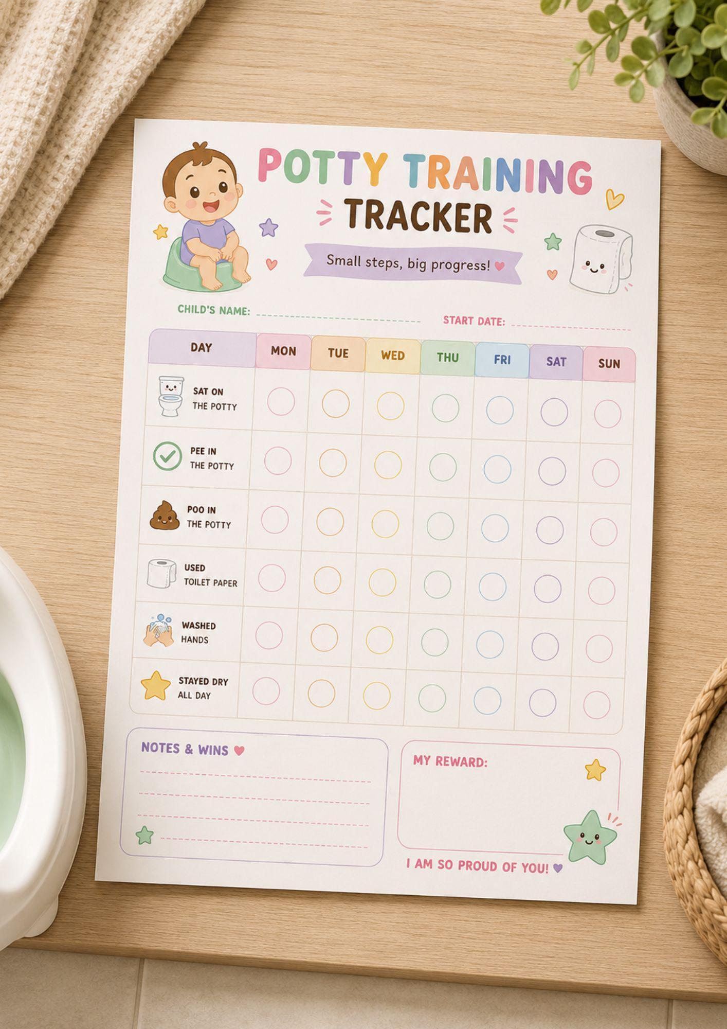 Montessori Potty Training Printable Toilet Chart Toddler Reward Tracker Gender-Neutral Colourful Routine PDF.