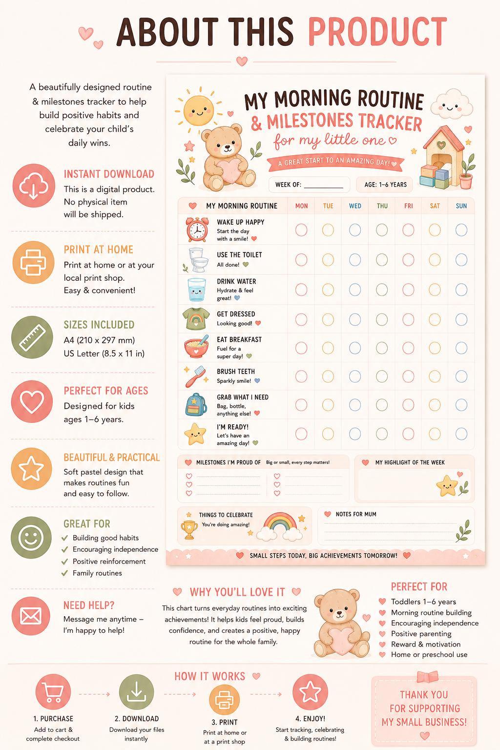 Morning Visual Routine Chart for Kids | Printable PDF Checklist.