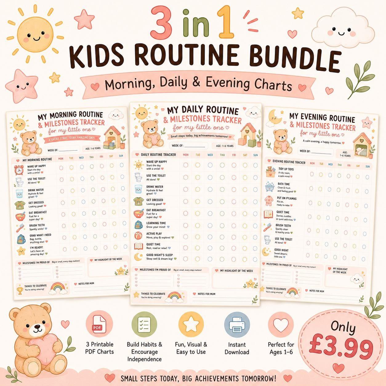 Montessori Kids Visual Routine Bundle Printable PDF | Morning, Daily & Evening Charts.