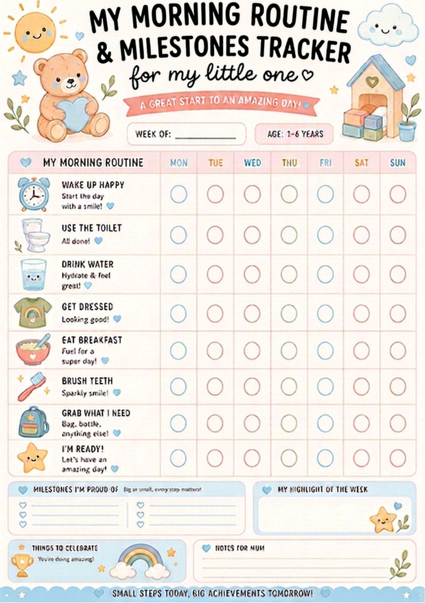 Morning Visual Routine Chart for Kids | Printable PDF Checklist.