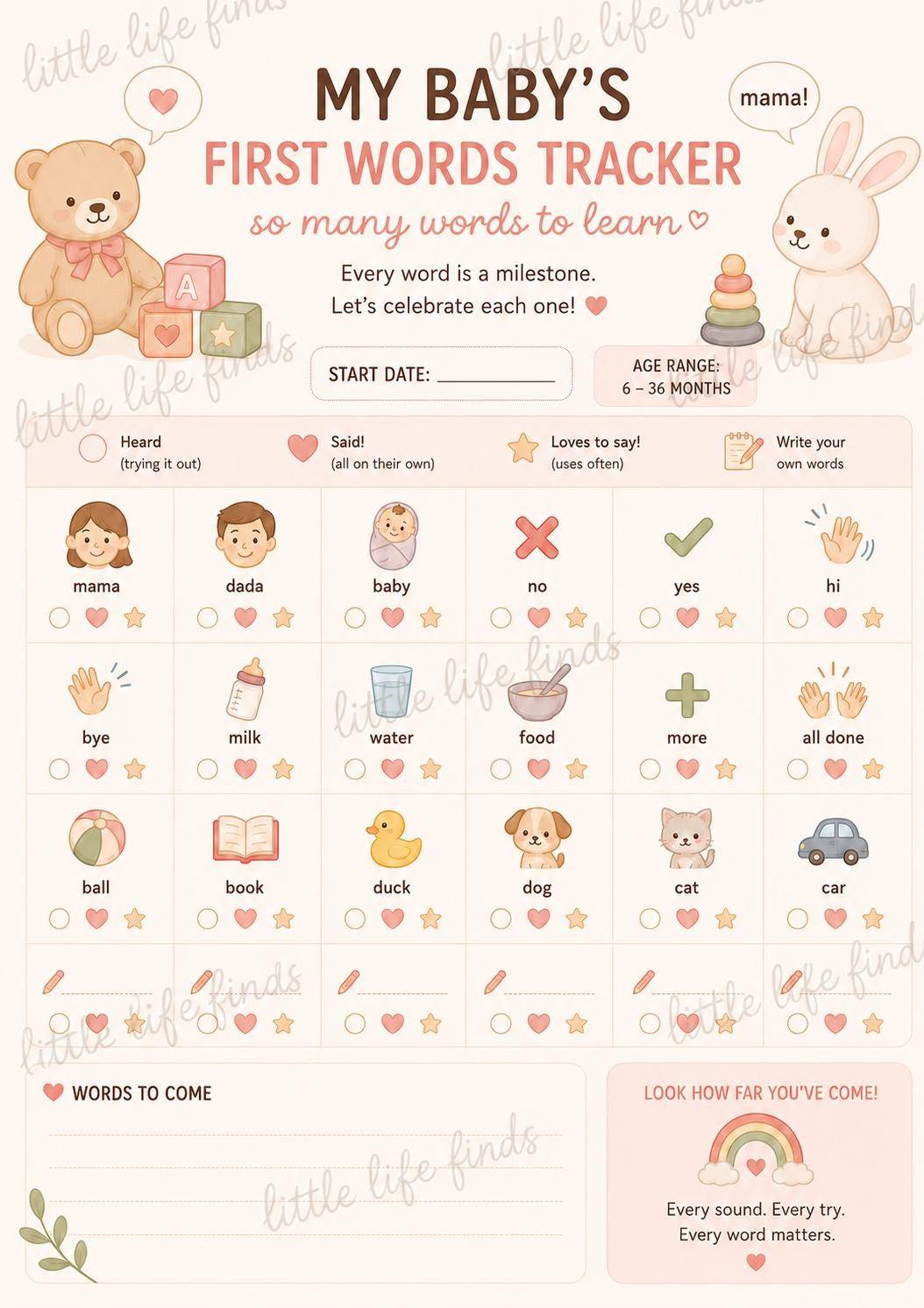 Baby First Words & Actions Printable Tracker Bundle | PDF Digital Download.