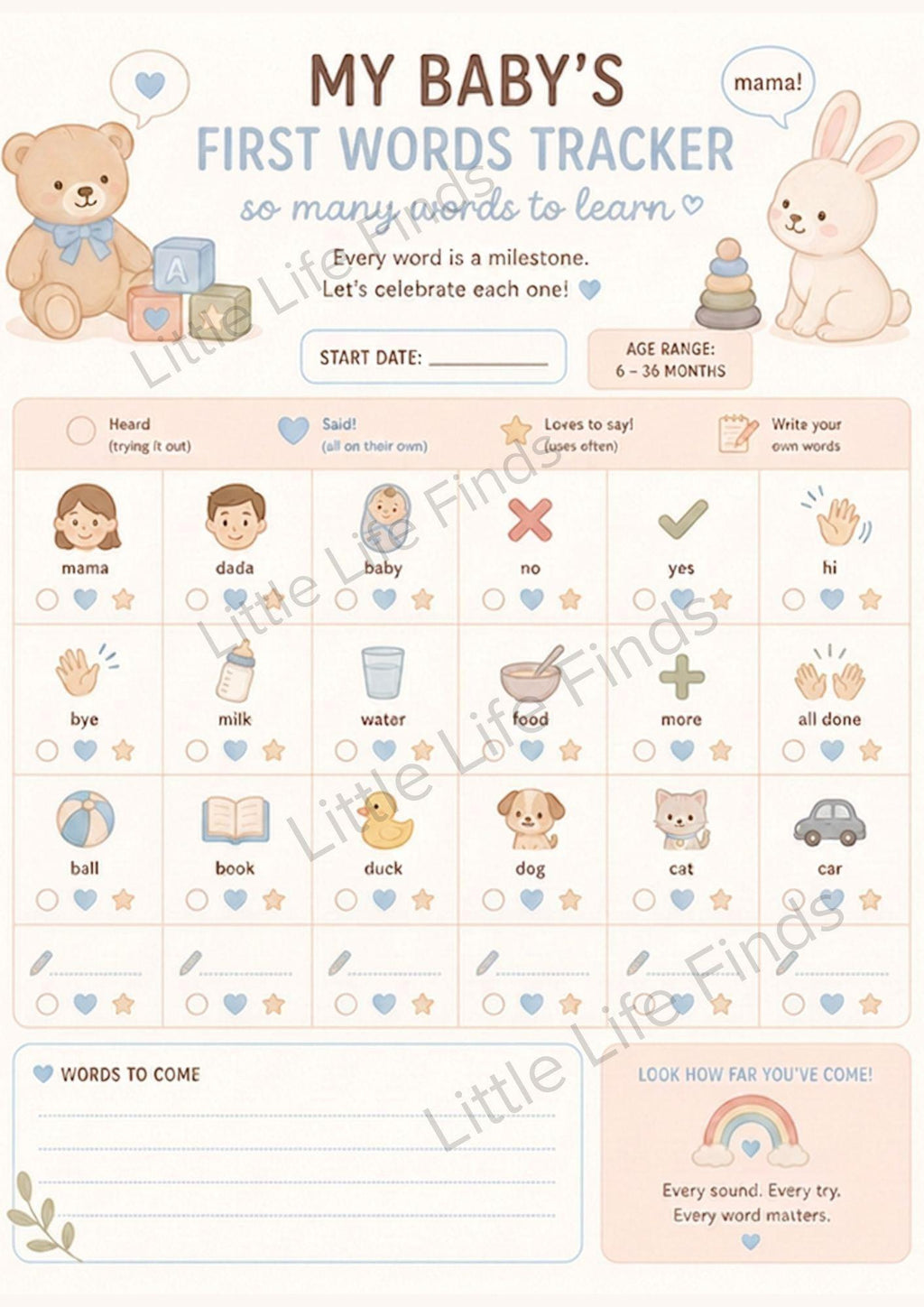Baby First Words & Actions Printable Tracker Bundle | PDF Digital Download.