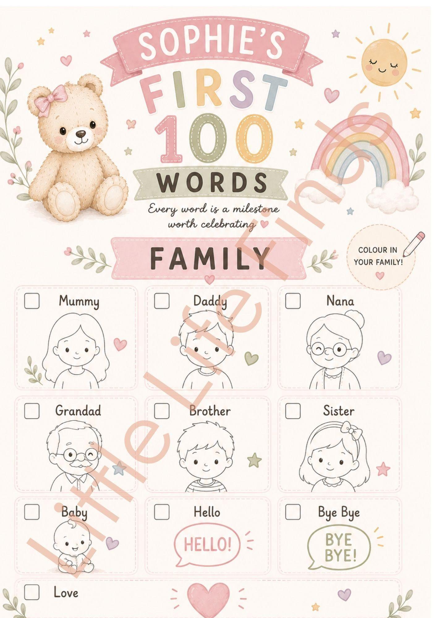 Personalised Girls First 100 Words  Teddy Coloring Book Printable.