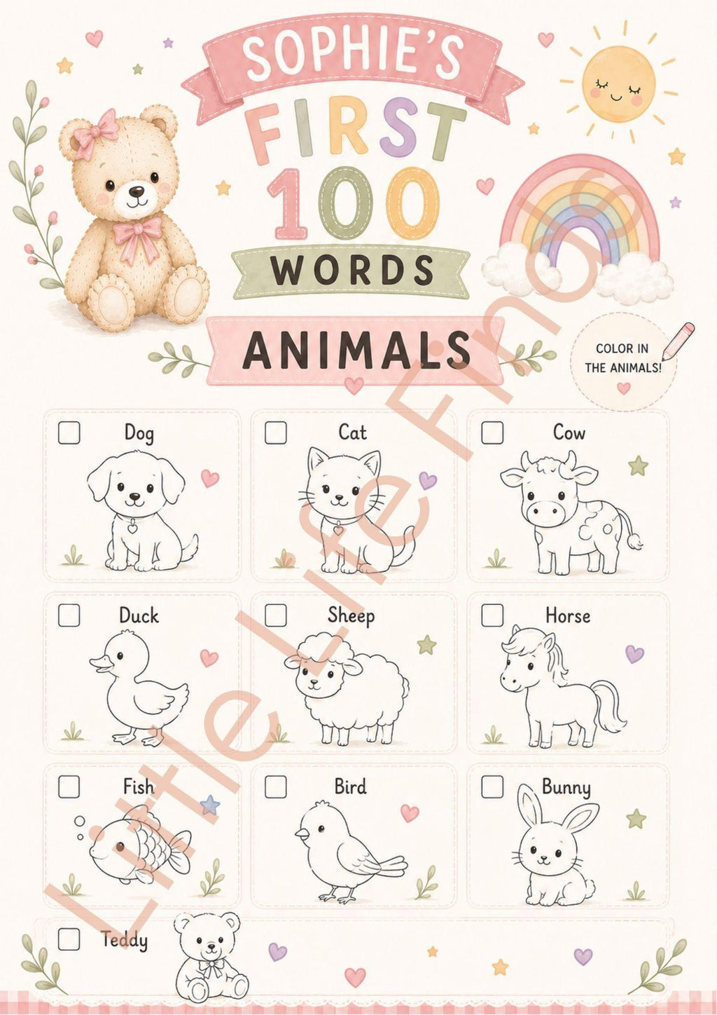 Personalised Girls First 100 Words  Teddy Coloring Book Printable.