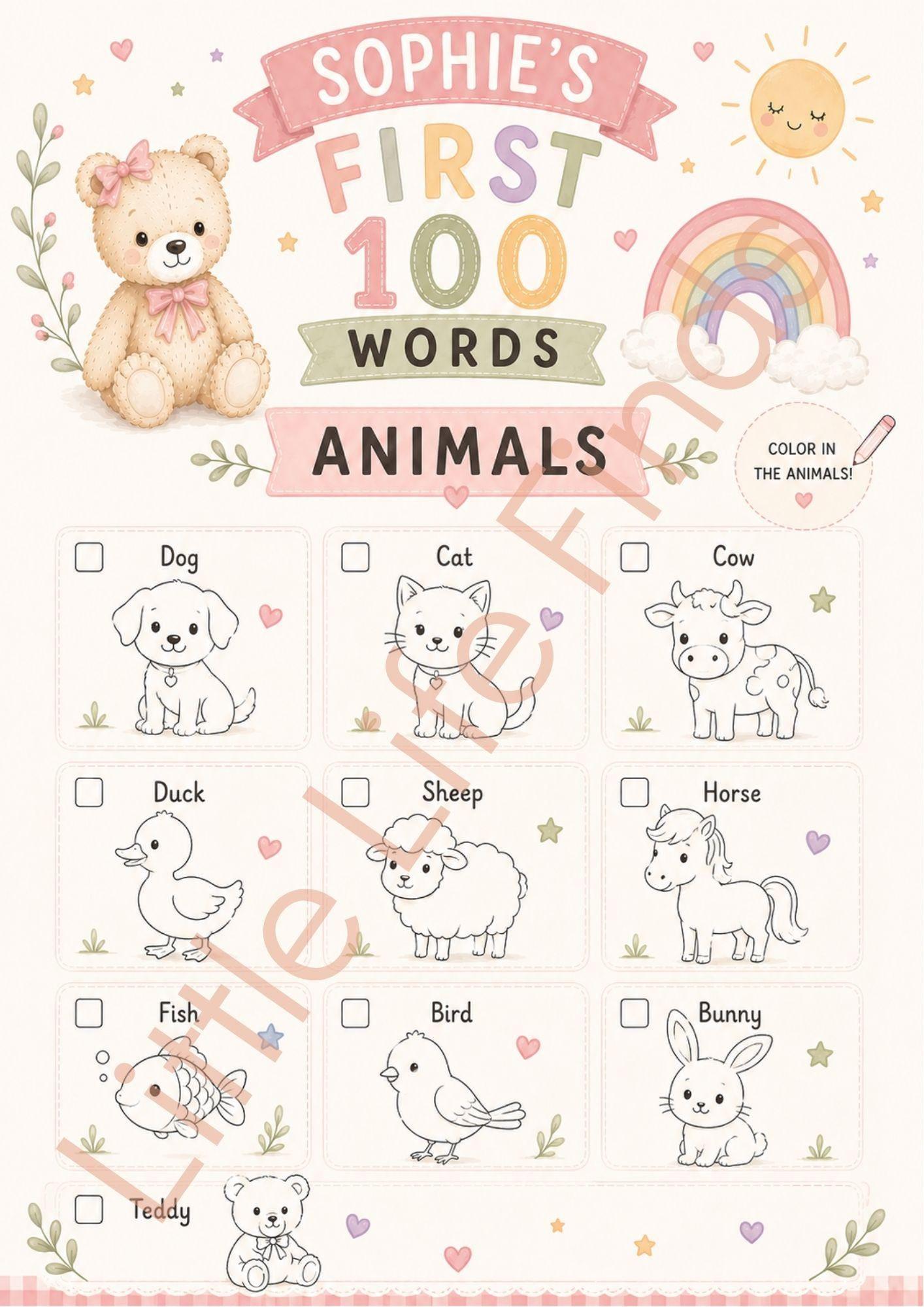 Personalised Girls First 100 Words  Teddy Coloring Book Printable.