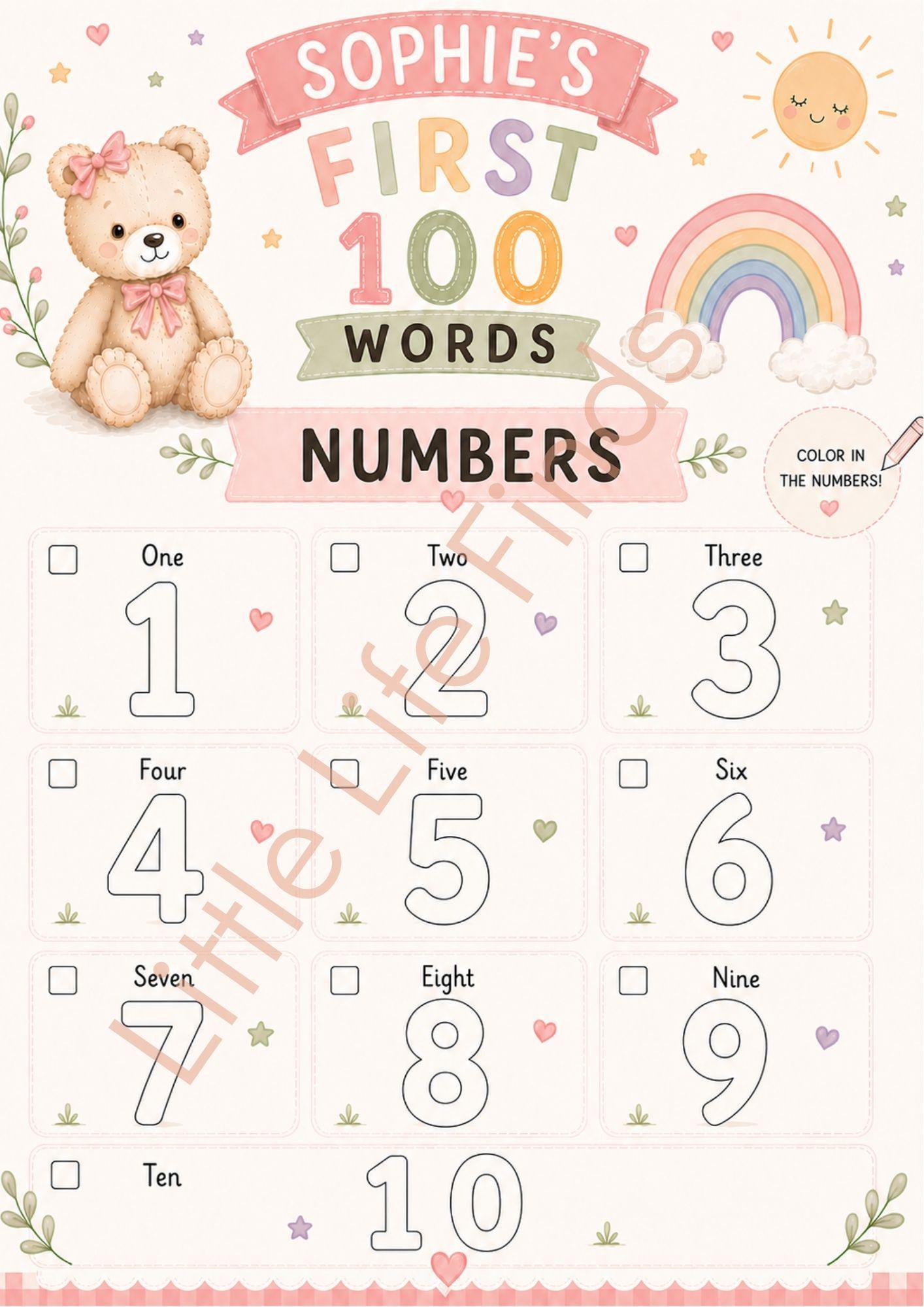 Personalised Girls First 100 Words  Teddy Coloring Book Printable.