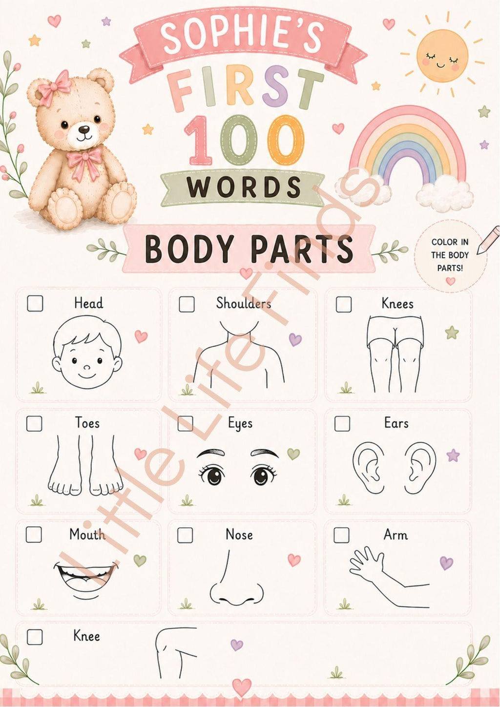 Personalised Girls First 100 Words  Teddy Coloring Book Printable.