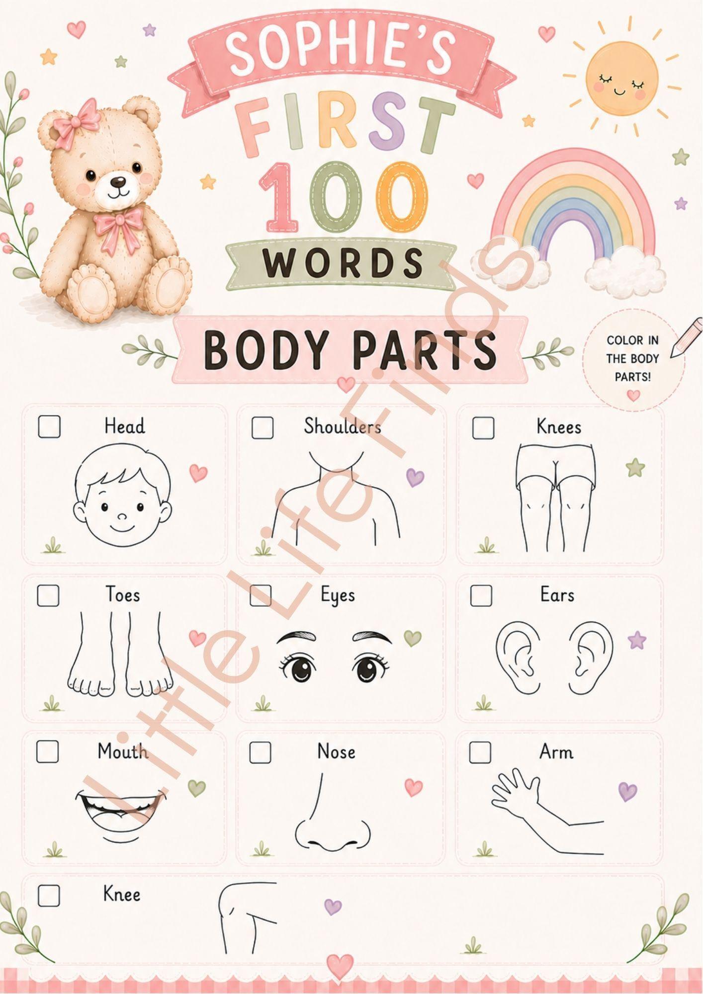 Personalised Girls First 100 Words  Teddy Coloring Book Printable.