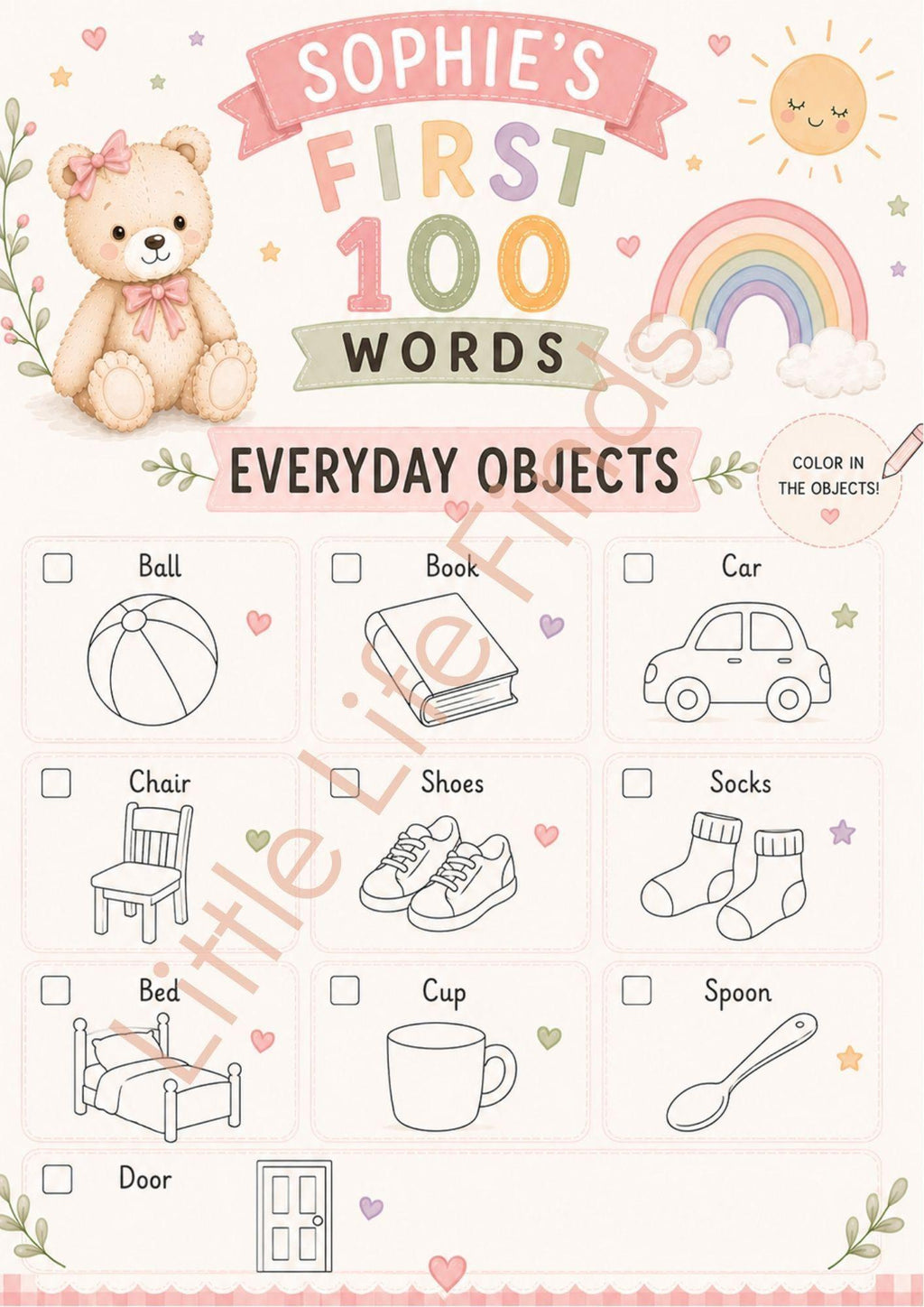 Personalised Girls First 100 Words  Teddy Coloring Book Printable.