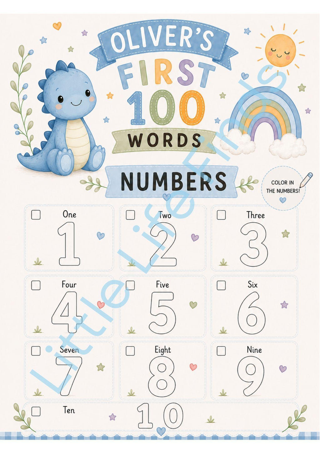 Personalised Boys First 100 Words Learning Dinosaur Coloring Book Printable PDF Toddler Educational Keepsake.