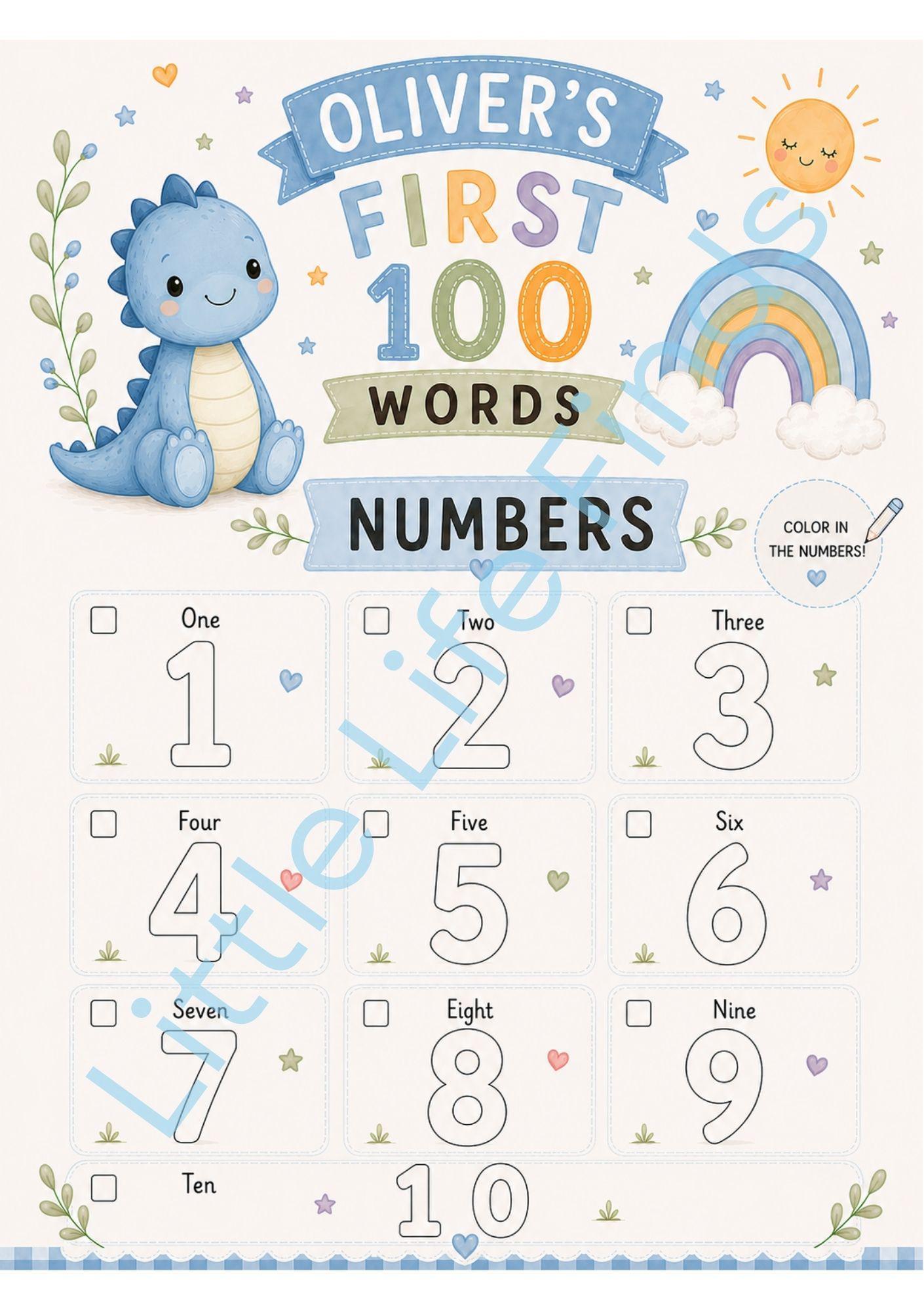 Personalised Boys First 100 Words Learning Dinosaur Coloring Book Printable PDF Toddler Educational Keepsake.