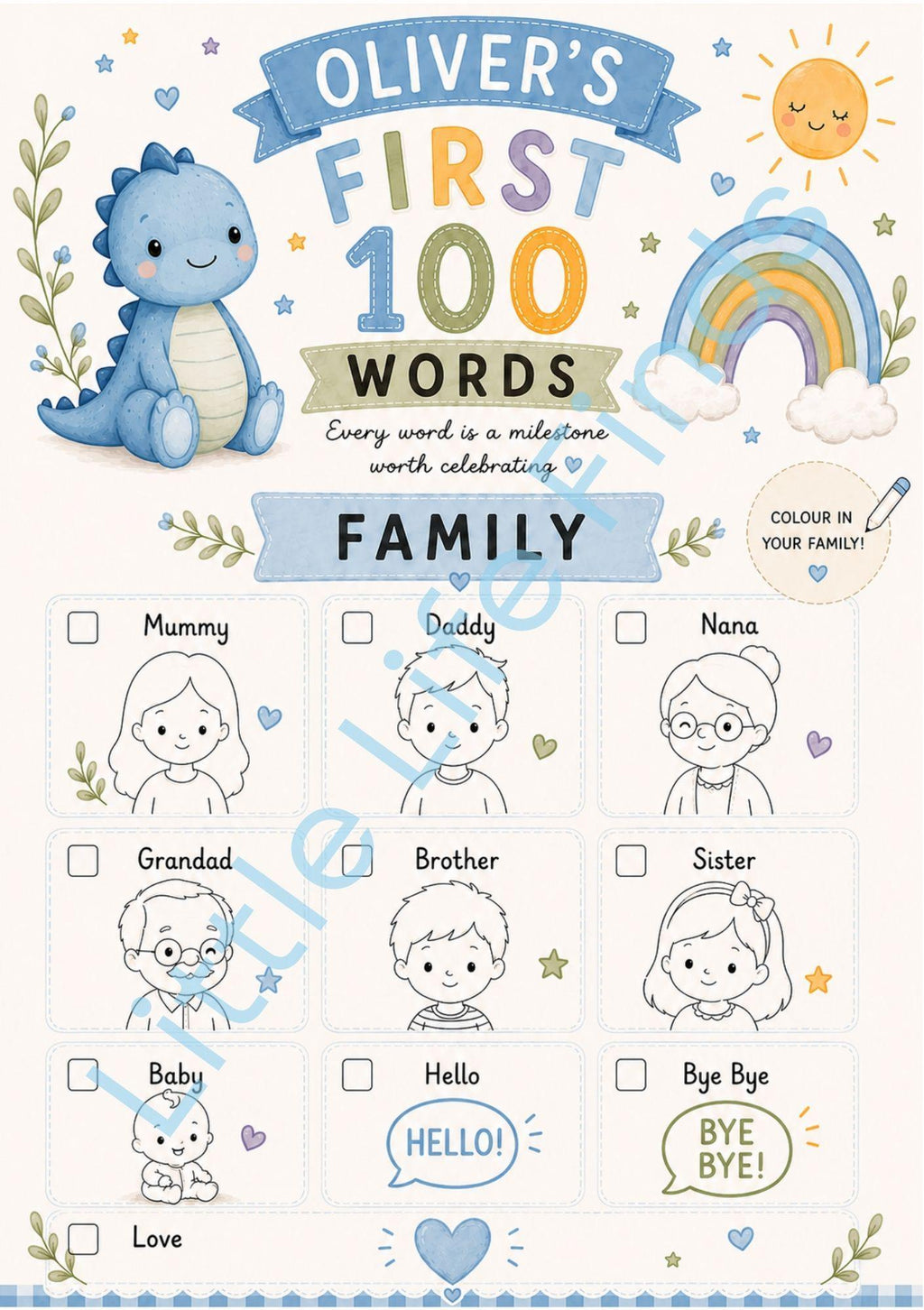 Personalised Boys First 100 Words Learning Dinosaur Coloring Book Printable PDF Toddler Educational Keepsake.
