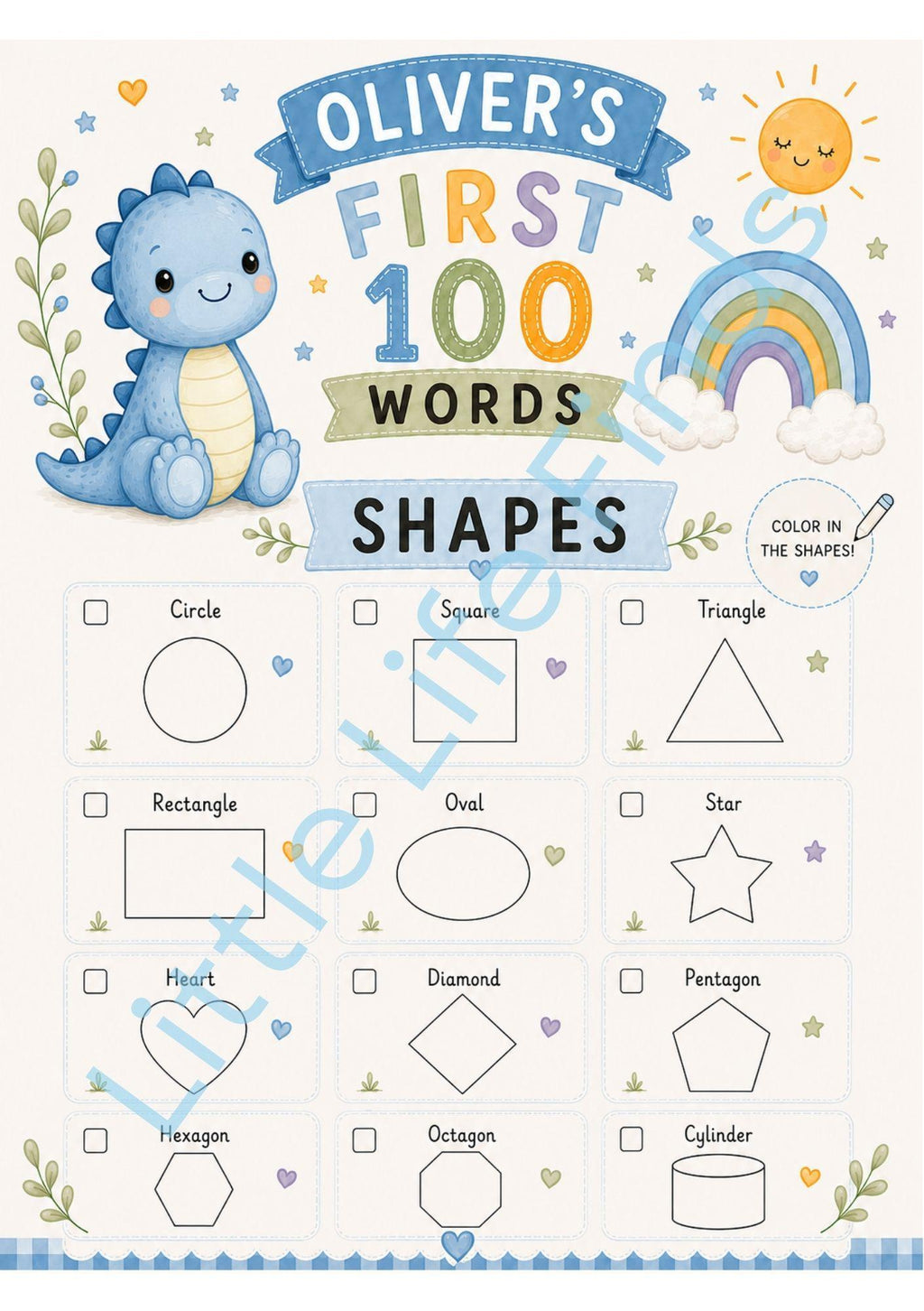 Personalised Boys First 100 Words Learning Dinosaur Coloring Book Printable PDF Toddler Educational Keepsake.