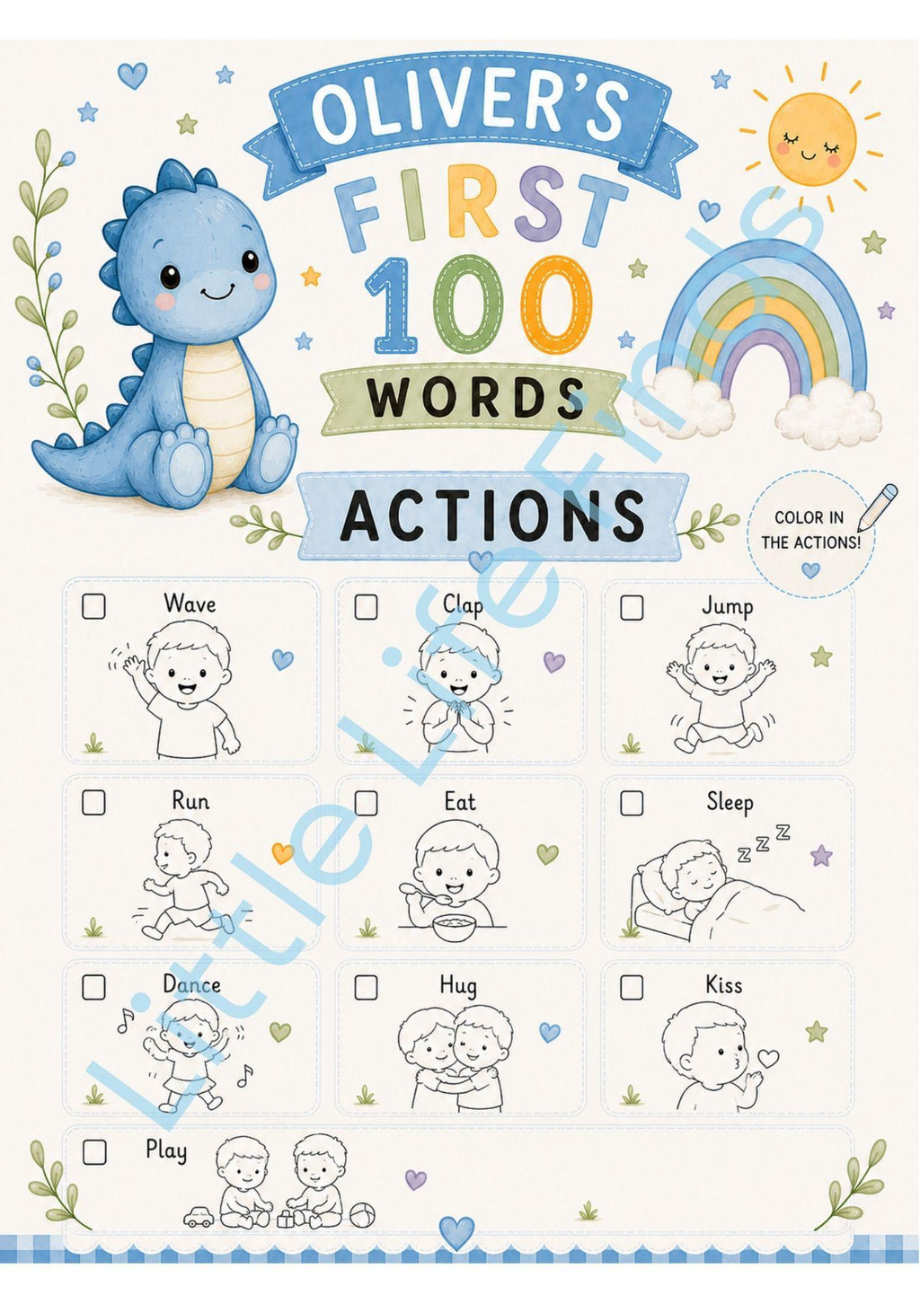 Personalised Boys First 100 Words Learning Dinosaur Coloring Book Printable PDF Toddler Educational Keepsake.