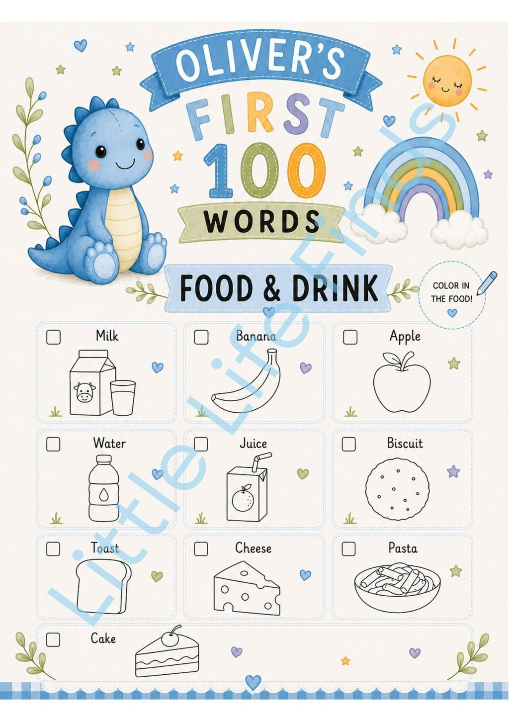 Personalised Boys First 100 Words Learning Dinosaur Coloring Book Printable PDF Toddler Educational Keepsake.