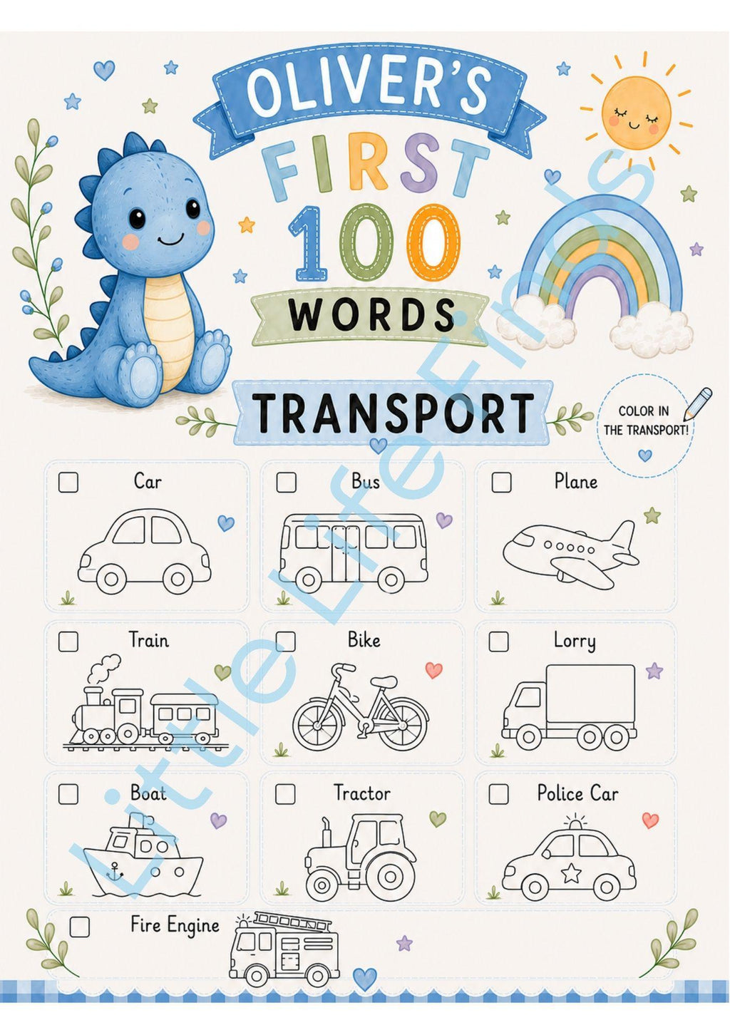 Personalised Boys First 100 Words Learning Dinosaur Coloring Book Printable PDF Toddler Educational Keepsake.