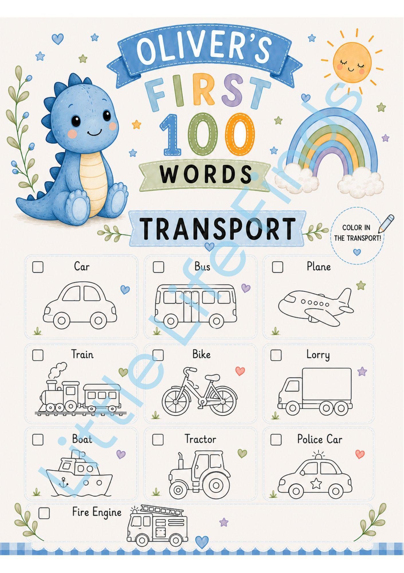 Personalised Boys First 100 Words Learning Dinosaur Coloring Book Printable PDF Toddler Educational Keepsake.
