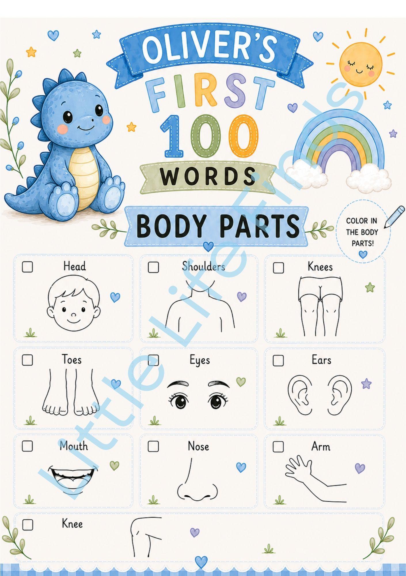 Personalised Boys First 100 Words Learning Dinosaur Coloring Book Printable PDF Toddler Educational Keepsake.