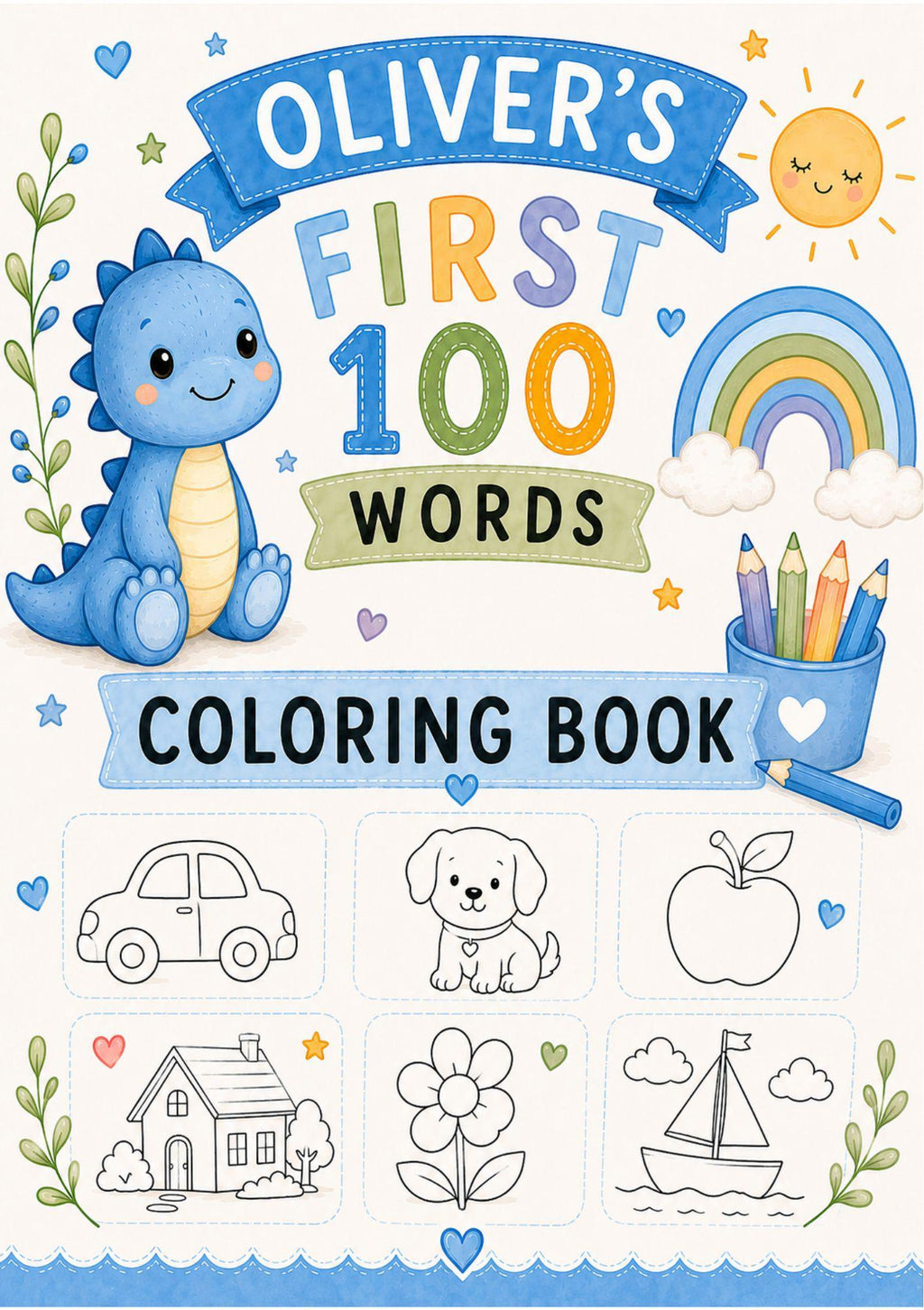Personalised Boys First 100 Words Learning Dinosaur Coloring Book Printable PDF Toddler Educational Keepsake.