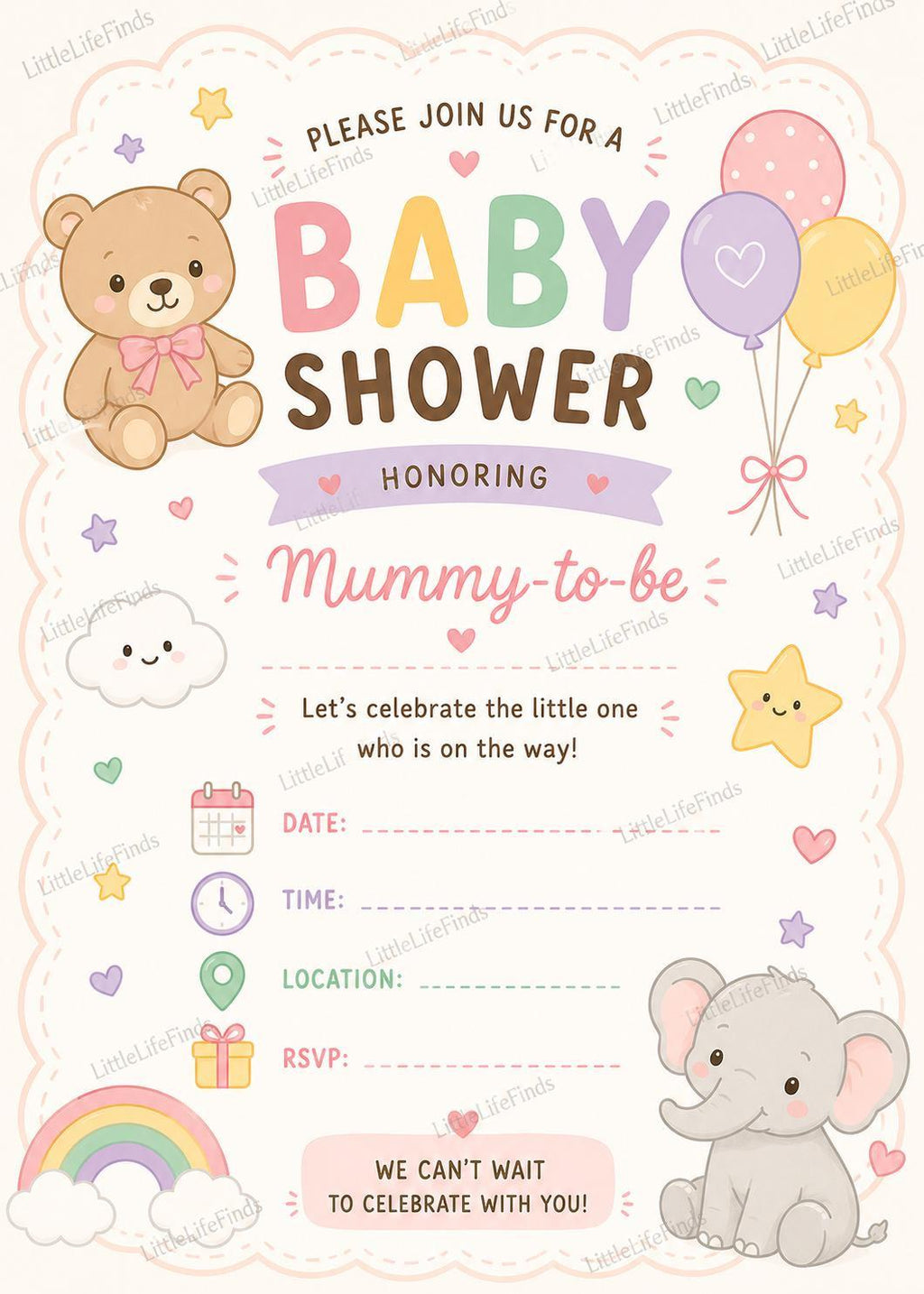 Baby Shower Invitation Printable | Editable Digital Download, Pastel Teddy Bear & Rainbow Theme.