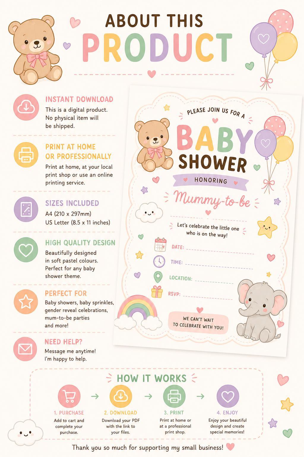 Baby Shower Invitation Printable | Editable Digital Download, Pastel Teddy Bear & Rainbow Theme.