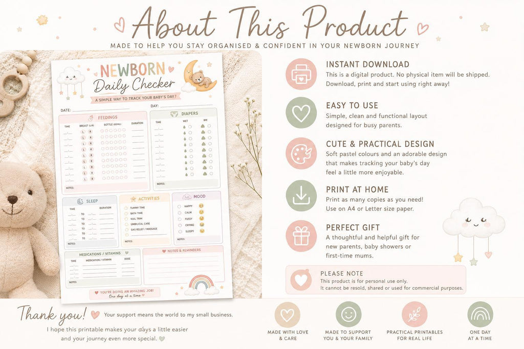 Newborn Daily Checker Visual Printable: Baby Feeding, Sleep, Diaper Tracker (PDF Download).