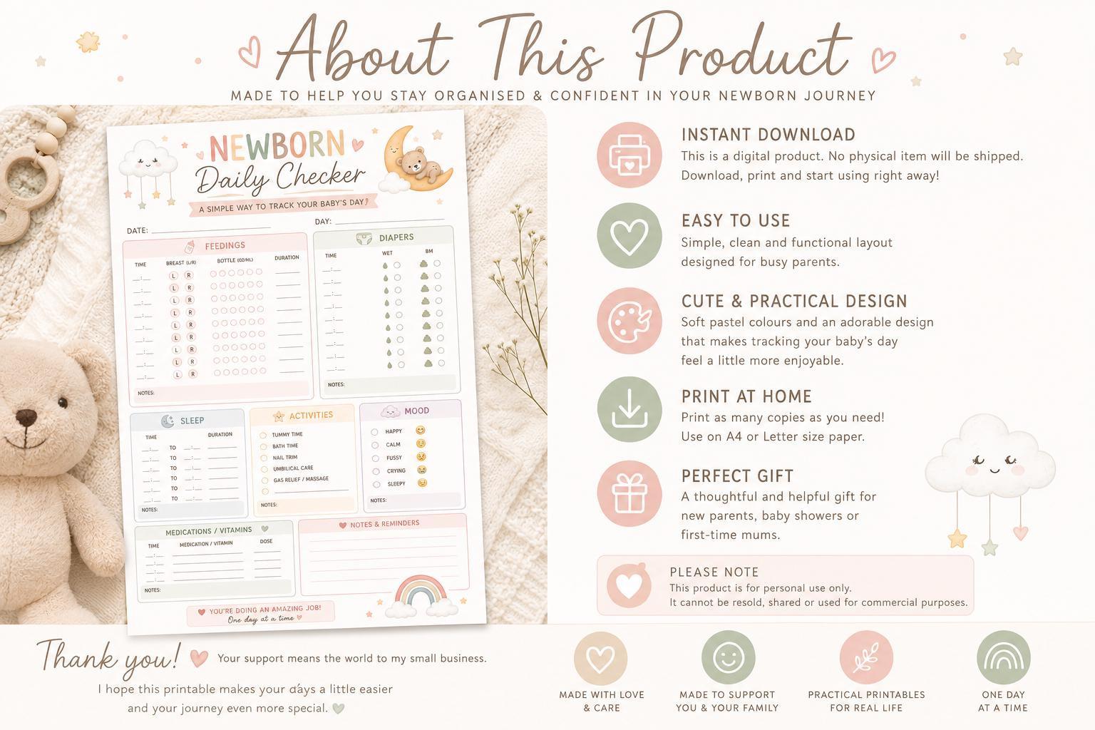 Newborn Daily Checker Visual Printable: Baby Feeding, Sleep, Diaper Tracker (PDF Download).