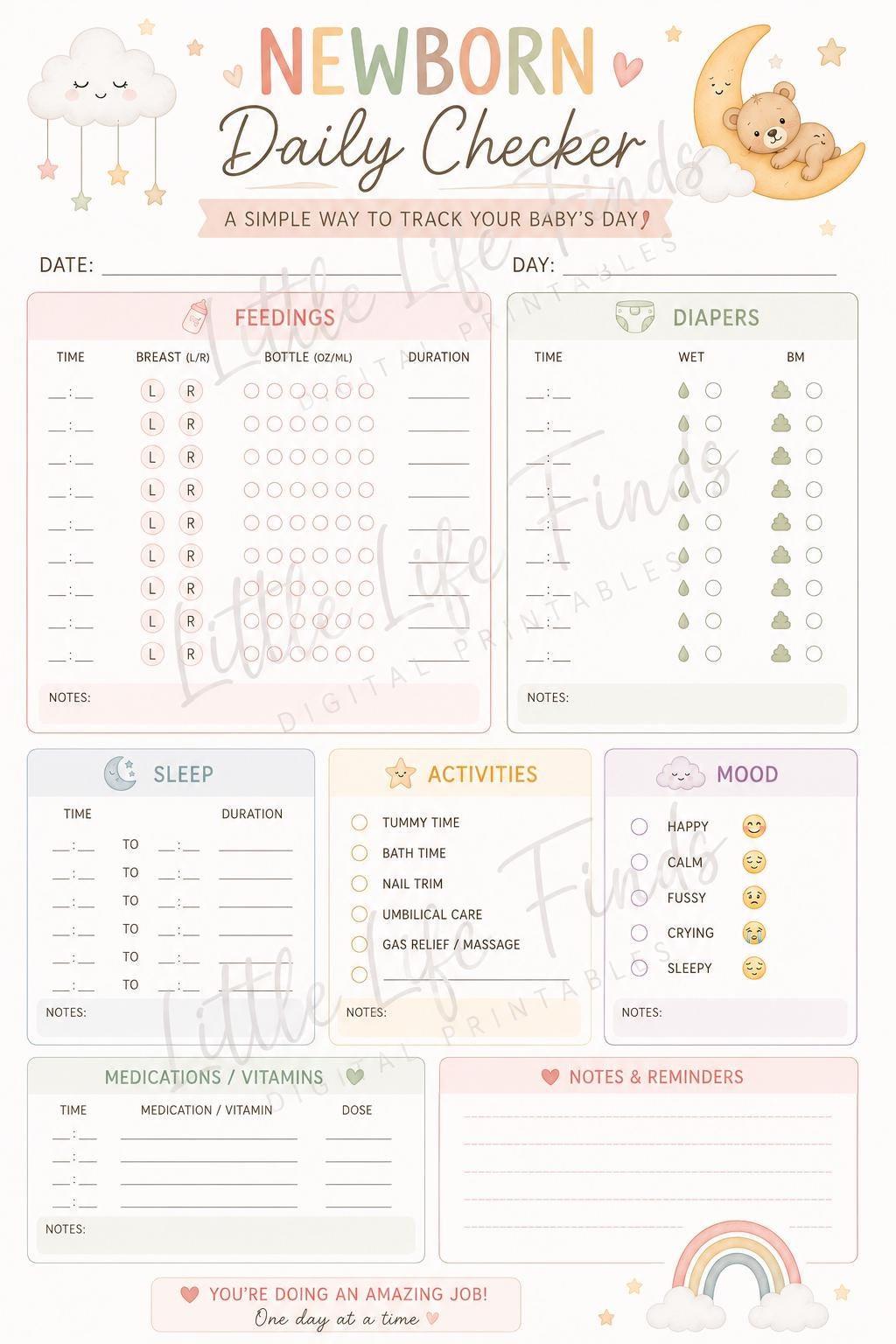 Newborn Daily Checker Visual Printable: Baby Feeding, Sleep, Diaper Tracker (PDF Download).
