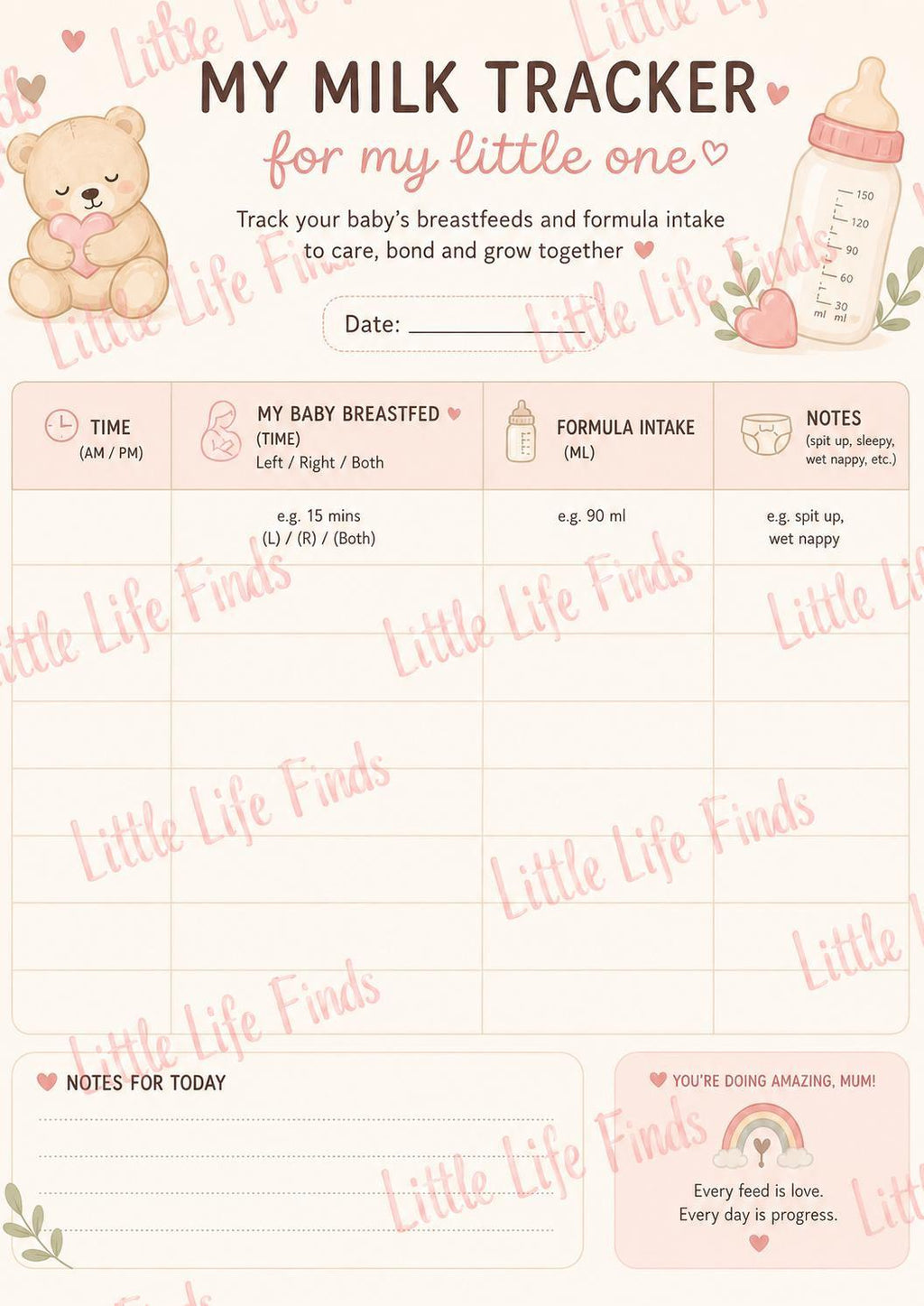 Newborn Baby Milk Visual Tracker Daily Planner Checklist.