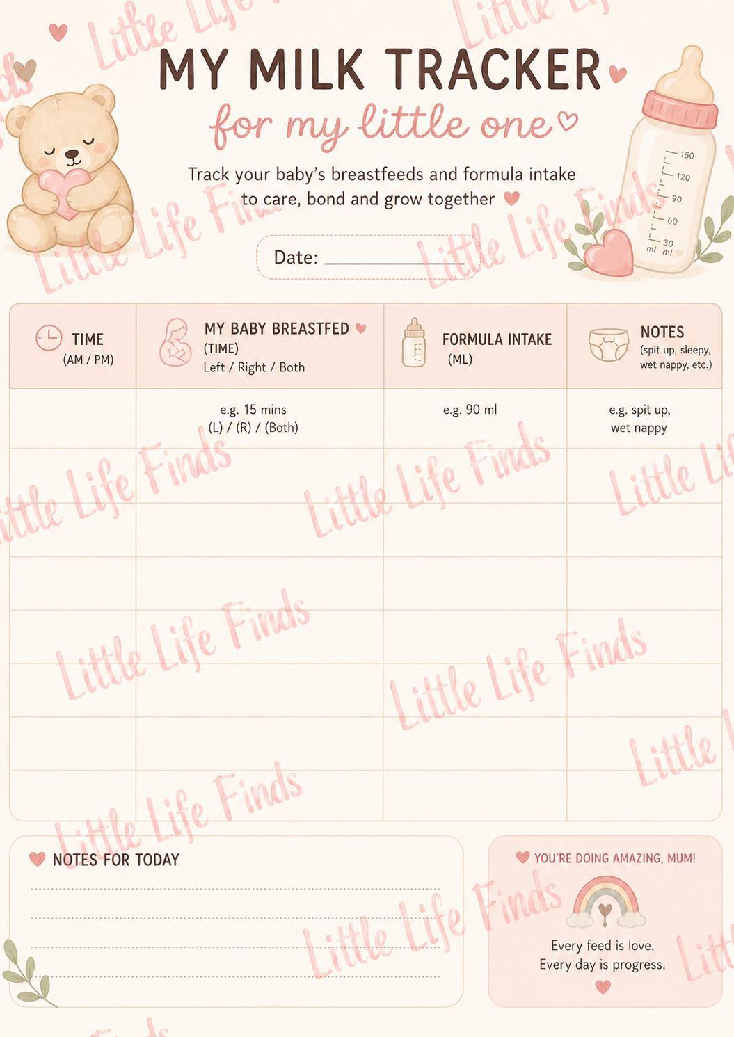 Newborn Baby Milk Visual Tracker Daily Planner Checklist.