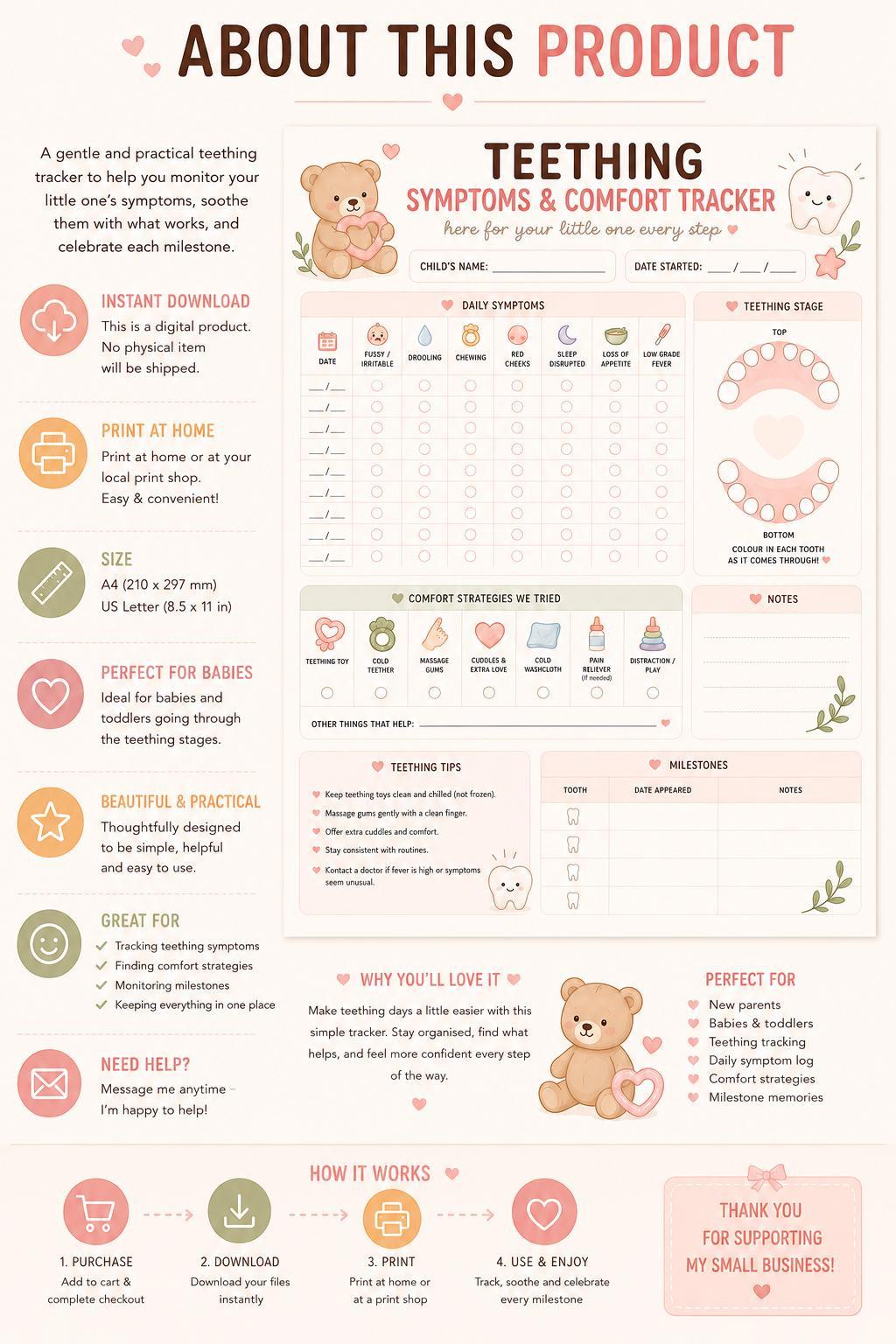 Baby Teething Symptoms Tracker Visual Daily Log Printable.