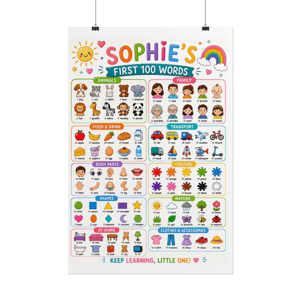 Personalised Girl's First 100 Words Rolled Poster | Kids Educational Wall Chart.