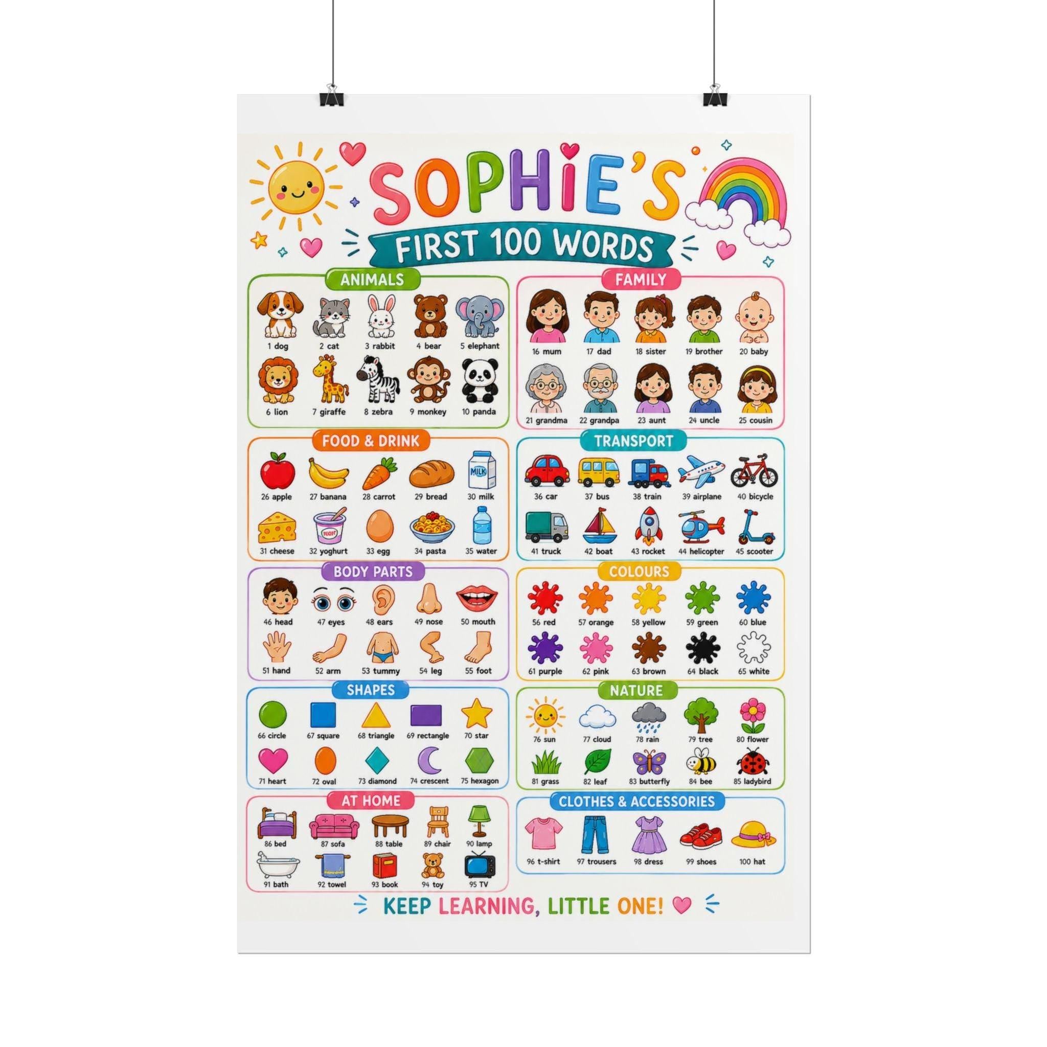 Personalised Girl's First 100 Words Rolled Poster | Kids Educational Wall Chart.
