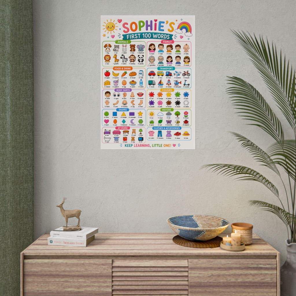 Personalised Girl's First 100 Words Rolled Poster | Kids Educational Wall Chart.