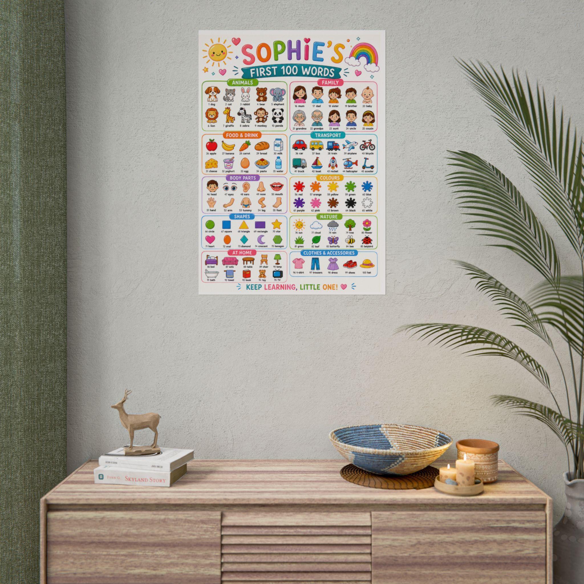 Personalised Girl's First 100 Words Rolled Poster | Kids Educational Wall Chart.