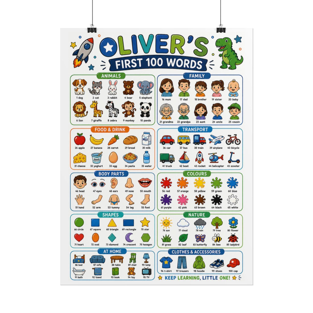 Personalised Boy's First 100 Words Rolled Poster | Kids Educational Wall Chart.