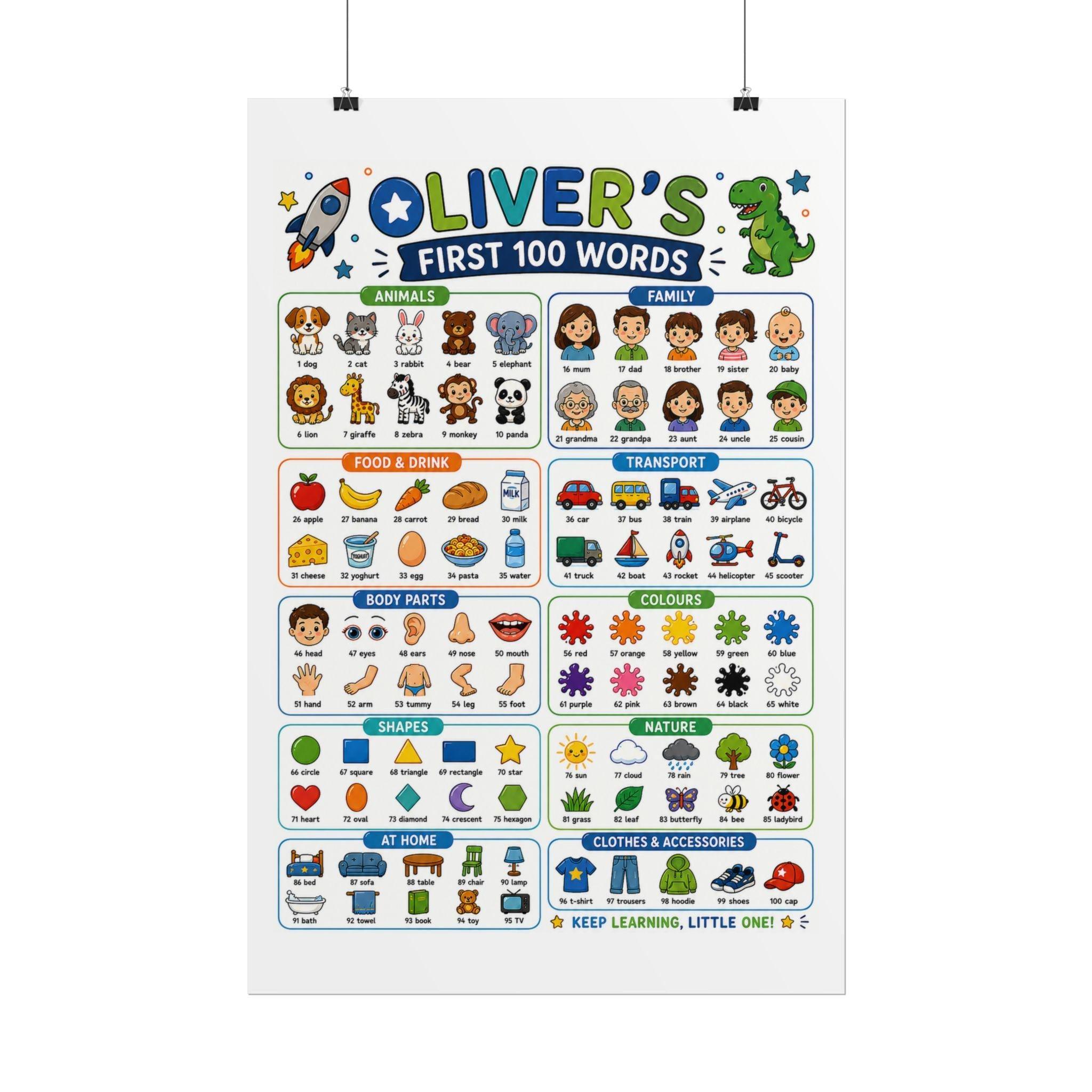 Personalised Boy's First 100 Words Rolled Poster | Kids Educational Wall Chart.