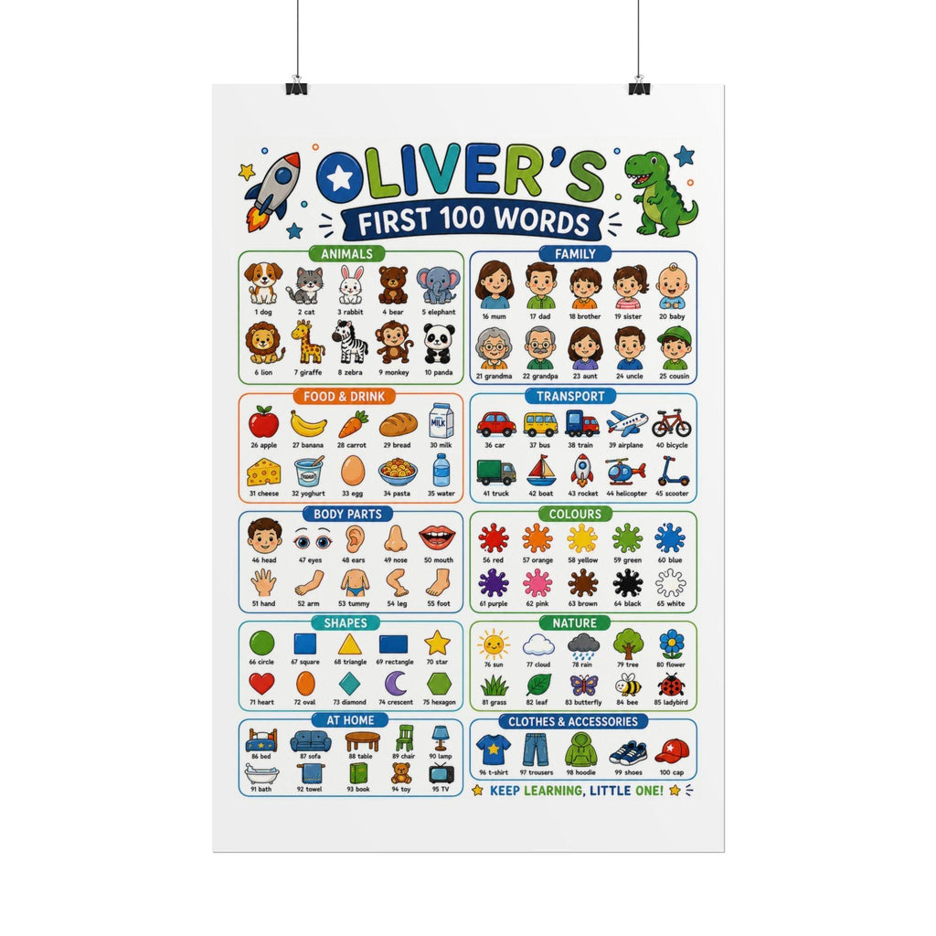 Personalised Boy's First 100 Words Rolled Poster | Kids Educational Wall Chart.