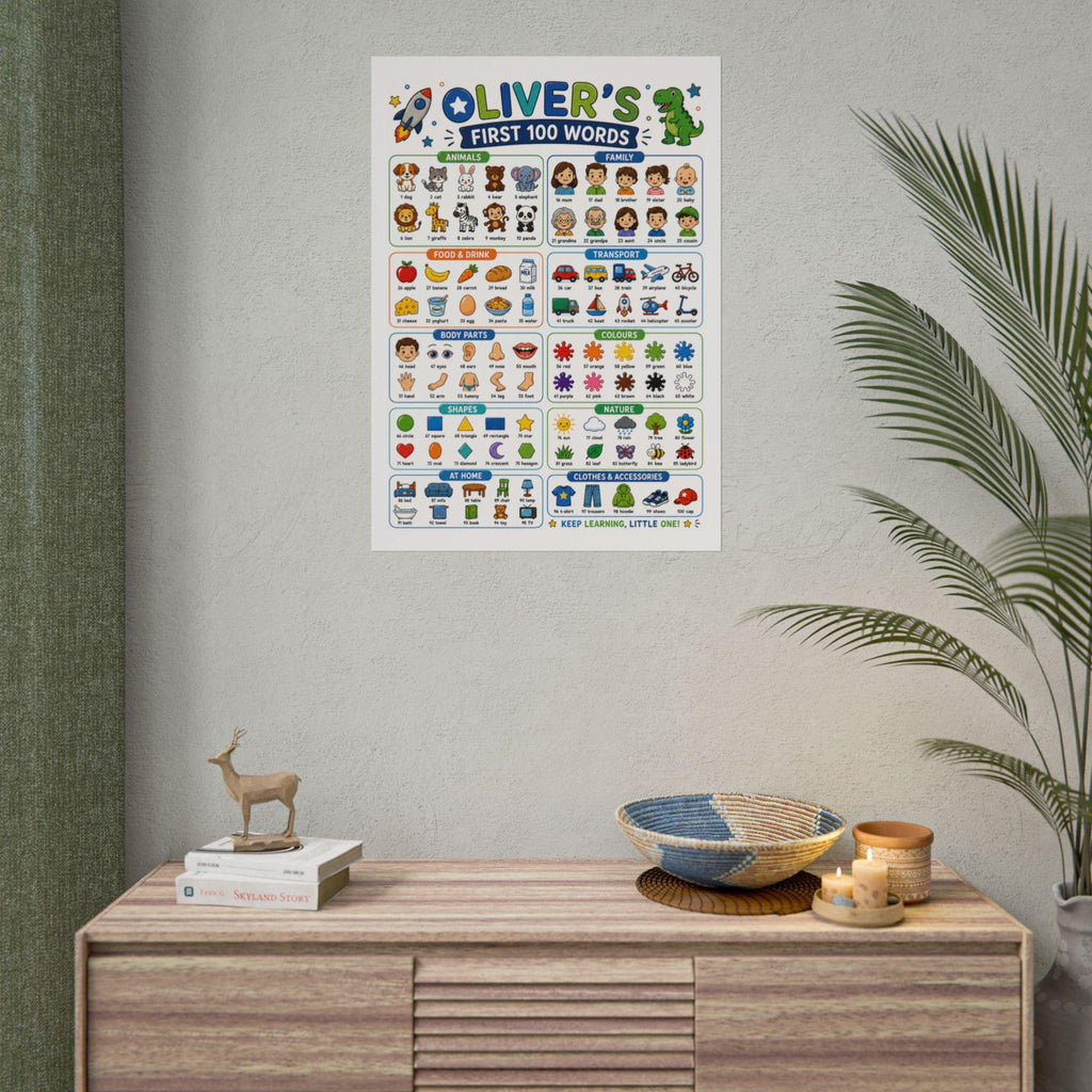 Personalised Boy's First 100 Words Rolled Poster | Kids Educational Wall Chart.
