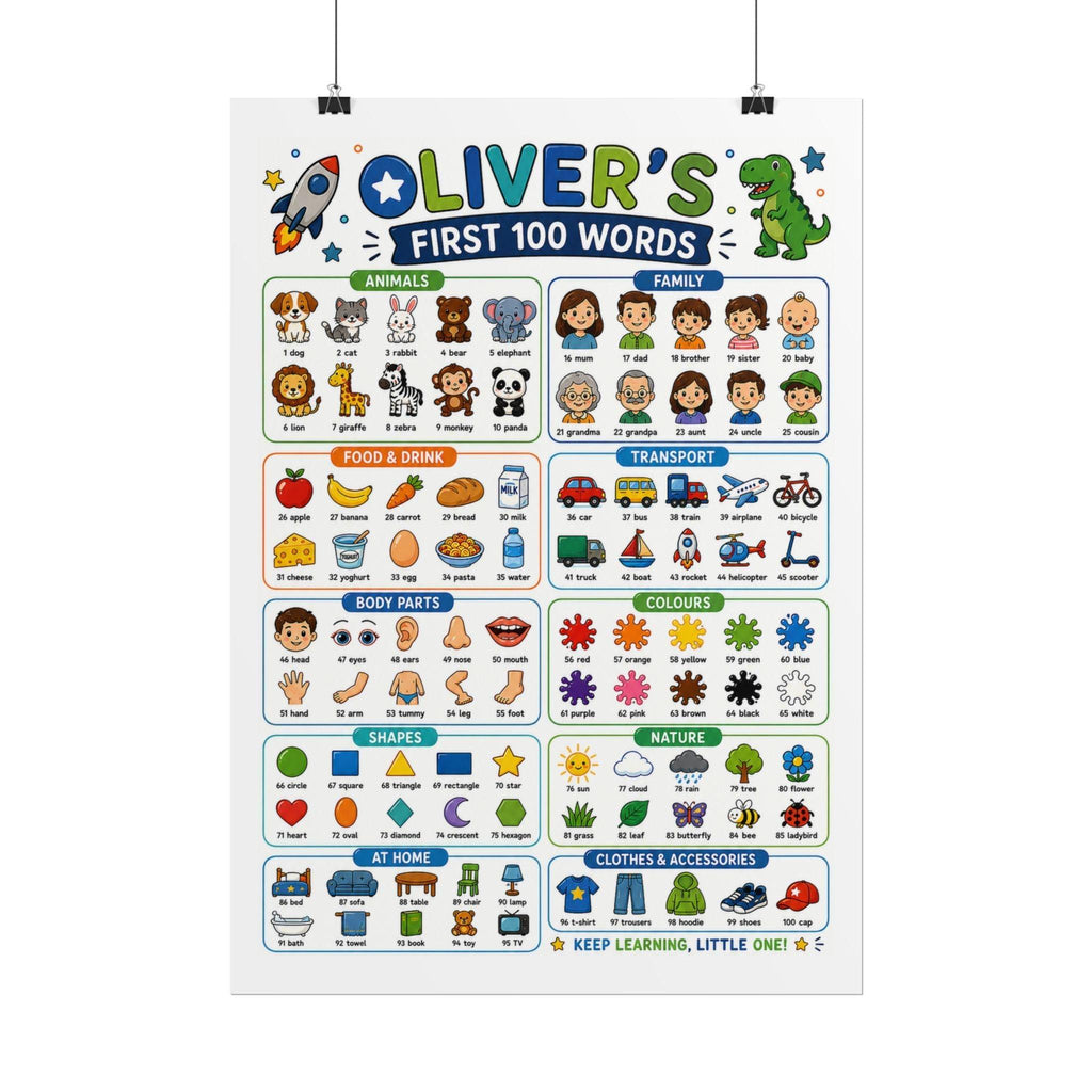 Personalised Boy's First 100 Words Rolled Poster | Kids Educational Wall Chart.