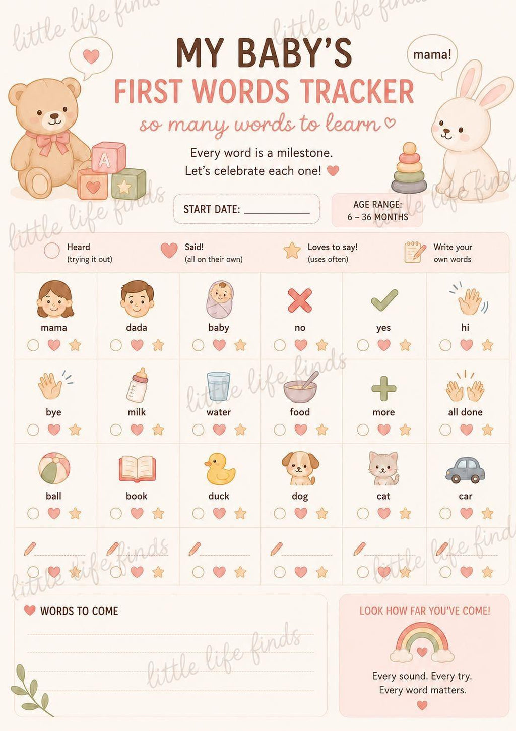 Baby First 30 Words Tracker Printable PDF | A4 & US Letter.