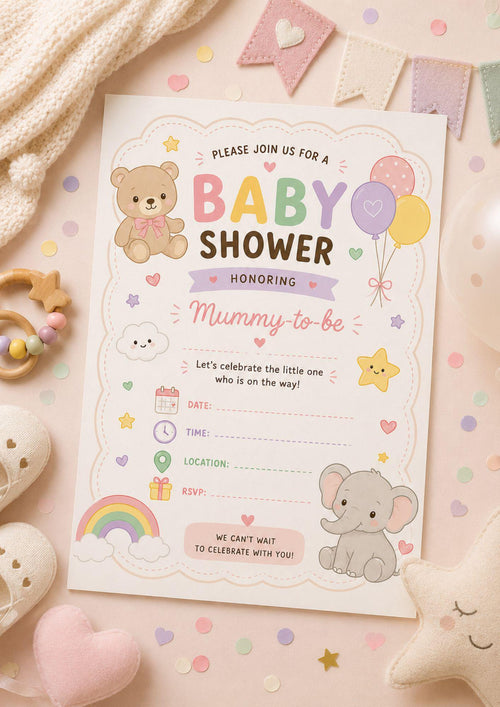 Baby Shower Invitation Printable | Editable Digital Download, Pastel Teddy Bear & Rainbow Theme.