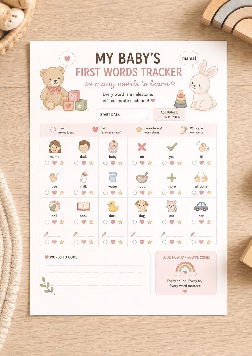 Baby First 30 Words Tracker Printable PDF | A4 & US Letter.